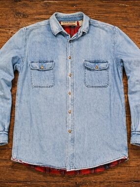 Mustang Denim Shirt Jacket XL Red Plaid Lined Western Workwear Distressed